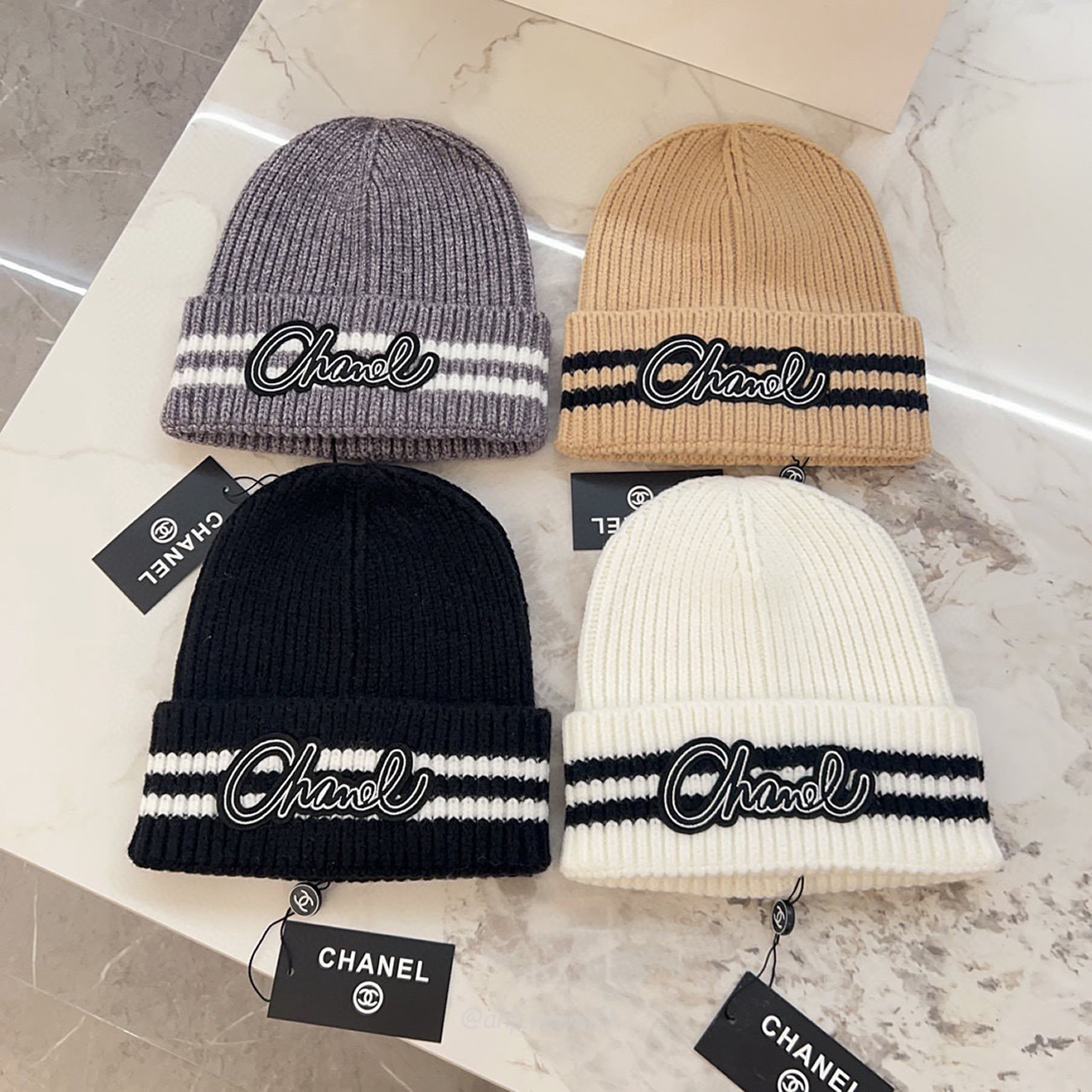 Chanel Knitted Cold Hat White Black Gray Brown (6) - newkick.vip